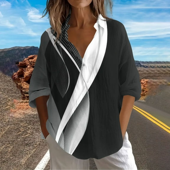 Uootdi Linen Clothing for Women Plus Size Long Sleeve V Neck Fall Shirts for Women Lapel Shirts Button Gift Up Tie Dye