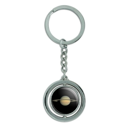Solar Keychain Light Planet Saturn with Rings Solar System Spinning Round Chrome Plated Metal Keychain Key Chain Ring ()