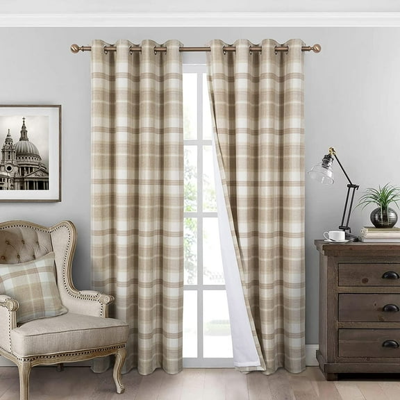 Bedroom Living Room Plaid Curtains 100% Blackout Heat Insulation Energy Saving Grommet Curtains Beige Plaid Curtains 42"W x 84"L (Pack of 2)