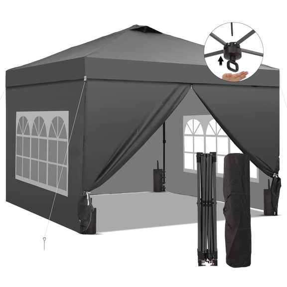 Outdoor Basic 10'x10' Easy Set Up Camping Canopy, Pop Up Canopy Tent with 4 Piece Sidewalls & Adjustable Height, for Events, Parties, Gatherings, Camping,Gray