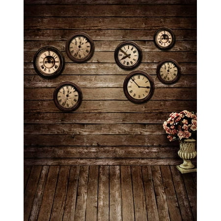 Image of ABPHOTO Polyester 5x7ft Wooden Floor Wall Clocks Flowers Photography Backdrops Photo Props Studio Background