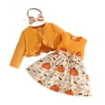 thumbnail image 3 of Halloween Outfits Set 3PC Toddler Girl Pumpkin Ghost Print Sleeveless Bow Dress Long Sleeve Ruffles Coat Tops Headbands Comfy Festival Clothing Size 2-3T, 3 of 9
