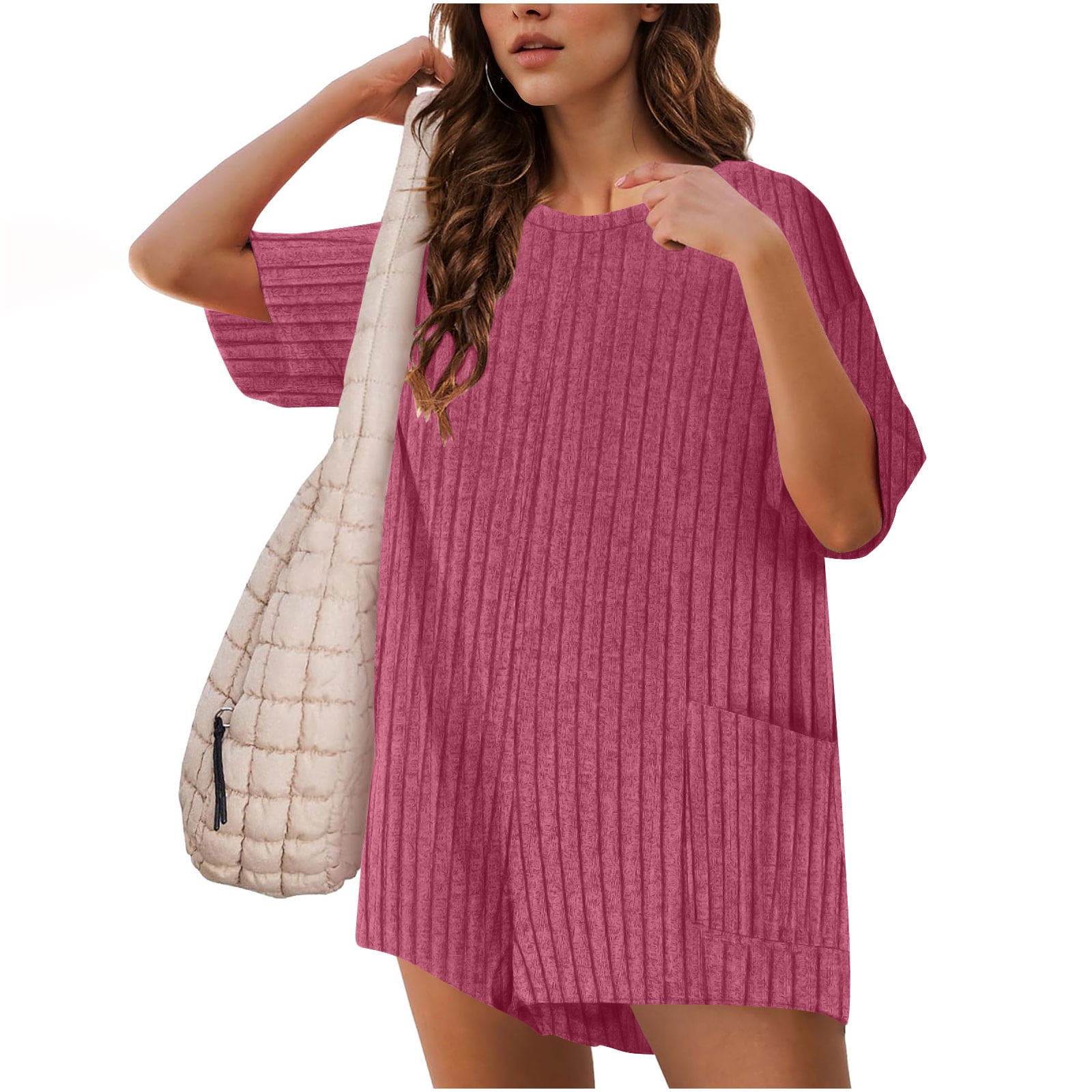 Feancey Oversized Rompers for Women Plus Size Trendy Knitted Jumpsuits Business Casual Short Sleeve Overalls Solid Color Loose One Piece Romper with Pockets Hot Pink XXL