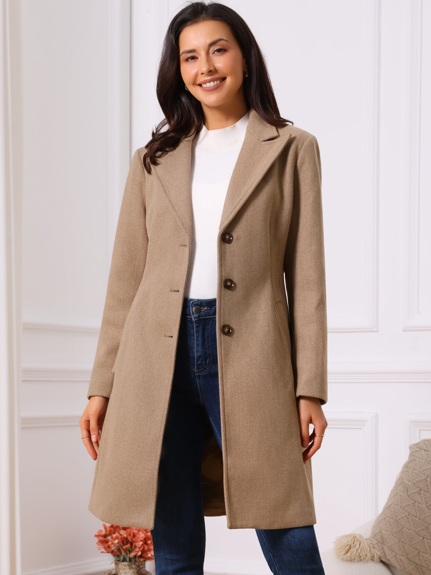 DARING DIVA Women's Winter Single Breasted Peacoat Notched Lapel Button Down Overcoat M Brown