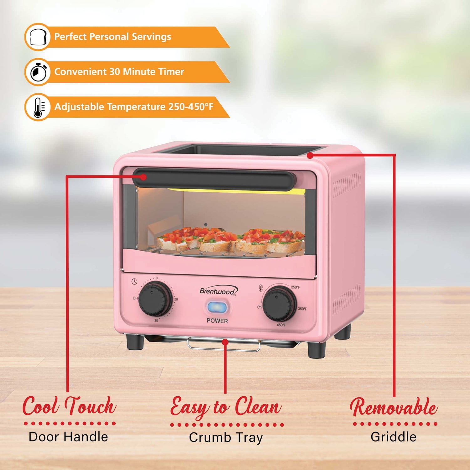 Brentwood 500 W Stainless Steel Mini Toaster Oven, Pink