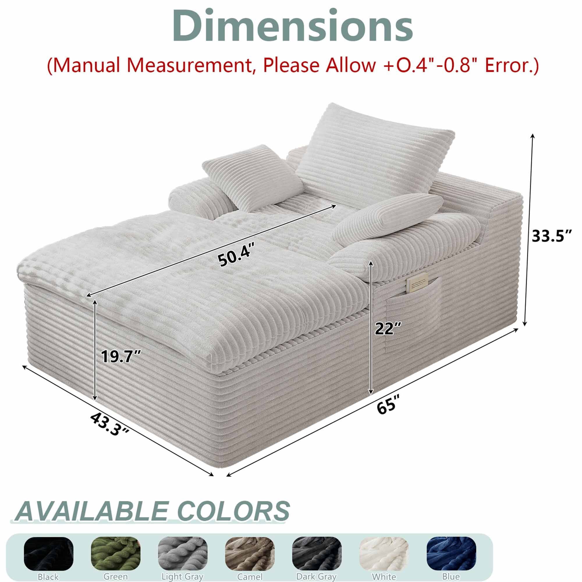 Lunale 65" Oversized Chaise Lounge Chair Indoor with Side Pocket, Boneless Corduroy Cloud Couch, No Assembly Required for Living Room, Beige