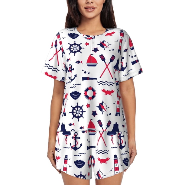 Balery Sailing Marine Travel Conjunto de Pijama para Mujer con Estampado, Dos Piezas de Manga Corta y Shorts, Ropa de Dormir Suave con Cuello Redondo y Bolsillos-Small
