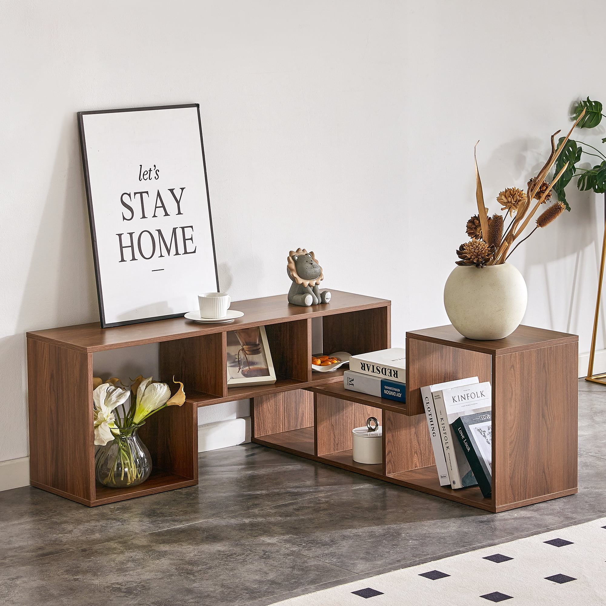 2-Piece L-Shaped Modular Cube TV Stand, Freely Combinable Entertainment Center with 6 Open Storage Cubbies, Adjustable Length 55"-80" Media Console Bookcase for Living Room Bedroom