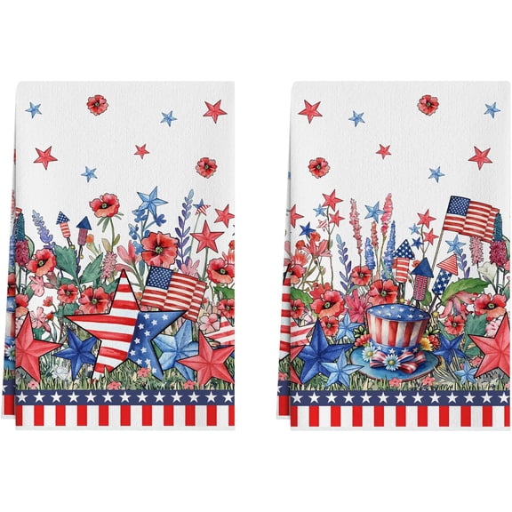 Watercolor Flowers America Stars Hats 4th of July Kitchen Towels Patriotic Memorial Day Dish Towels 18x26 Inch Home Kitchen Decorations Hand Towels Set of 2 Drying Dishcloth