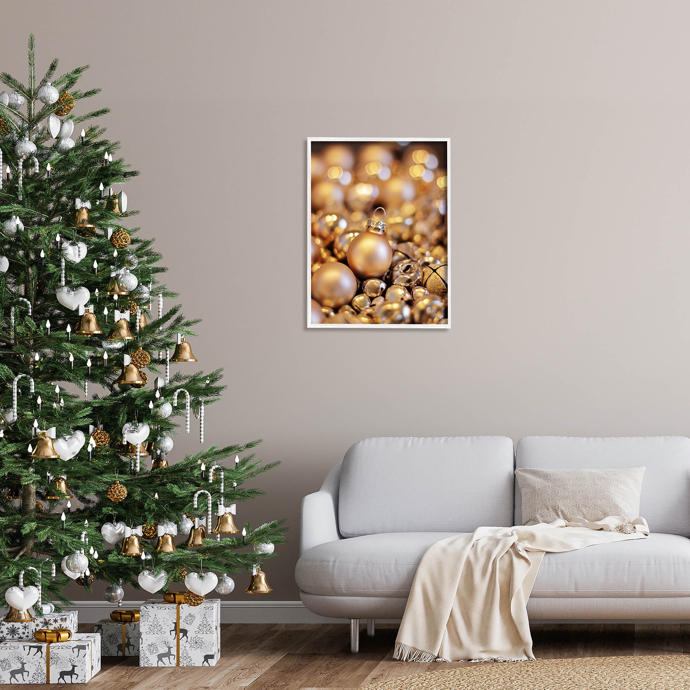 Gleaming Christmas Ornaments Bells Holiday Photograph White Framed Art Print Wall Art