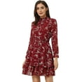 thumbnail image 1 of Vestido floral de gasa de manga larga con cuello simulado, volantes en capas, minivestidos con cintura de bata transparente Rojo L, 1 of 6