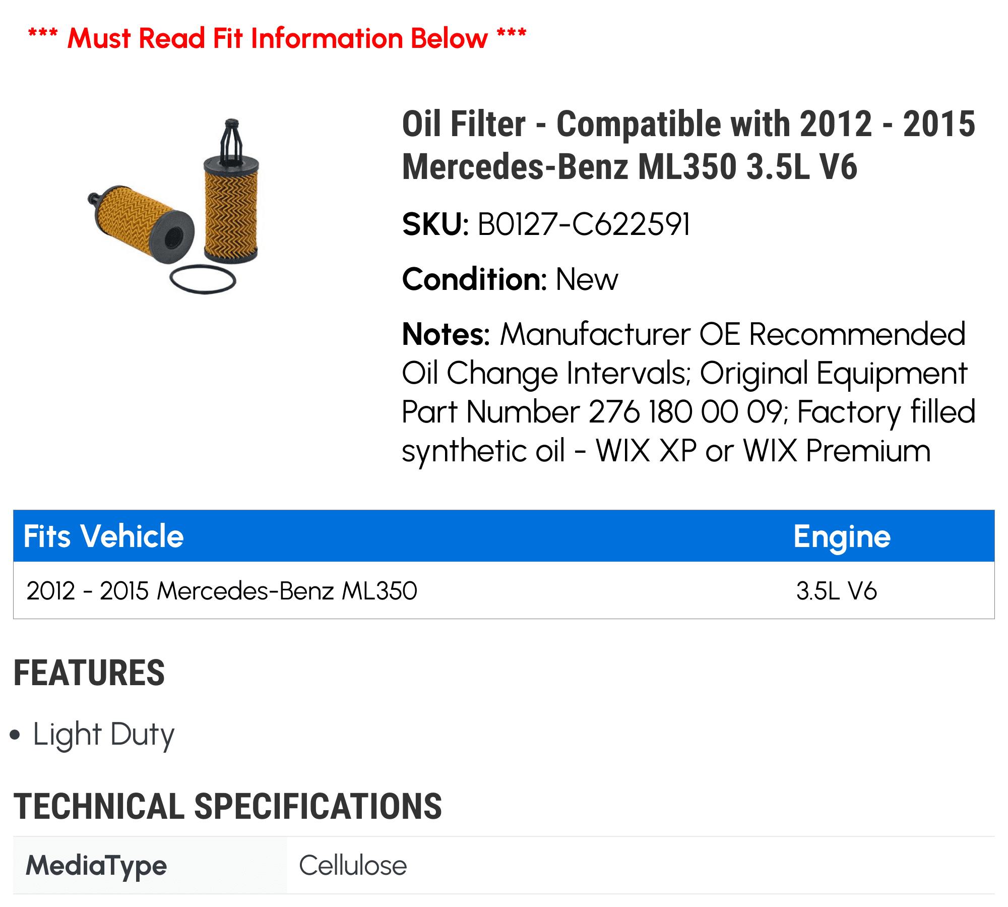 Oil Filter - Compatible with 2012 - 2015 Mercedes-Benz ML350 3.5L V6 2013 2014