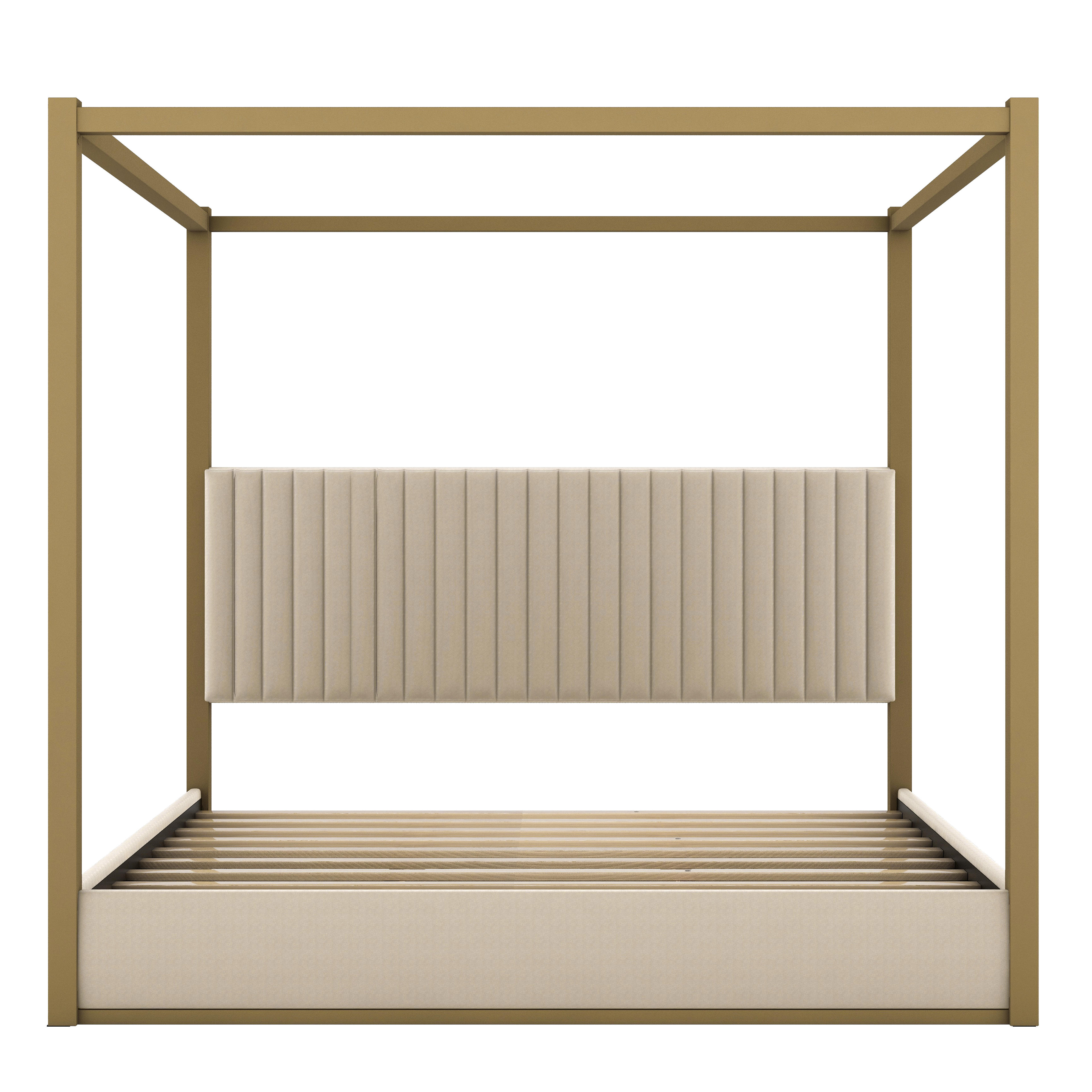 Euroco King Size Canopy Bed with Metal Frame and Upholstery Headboard, Beige
