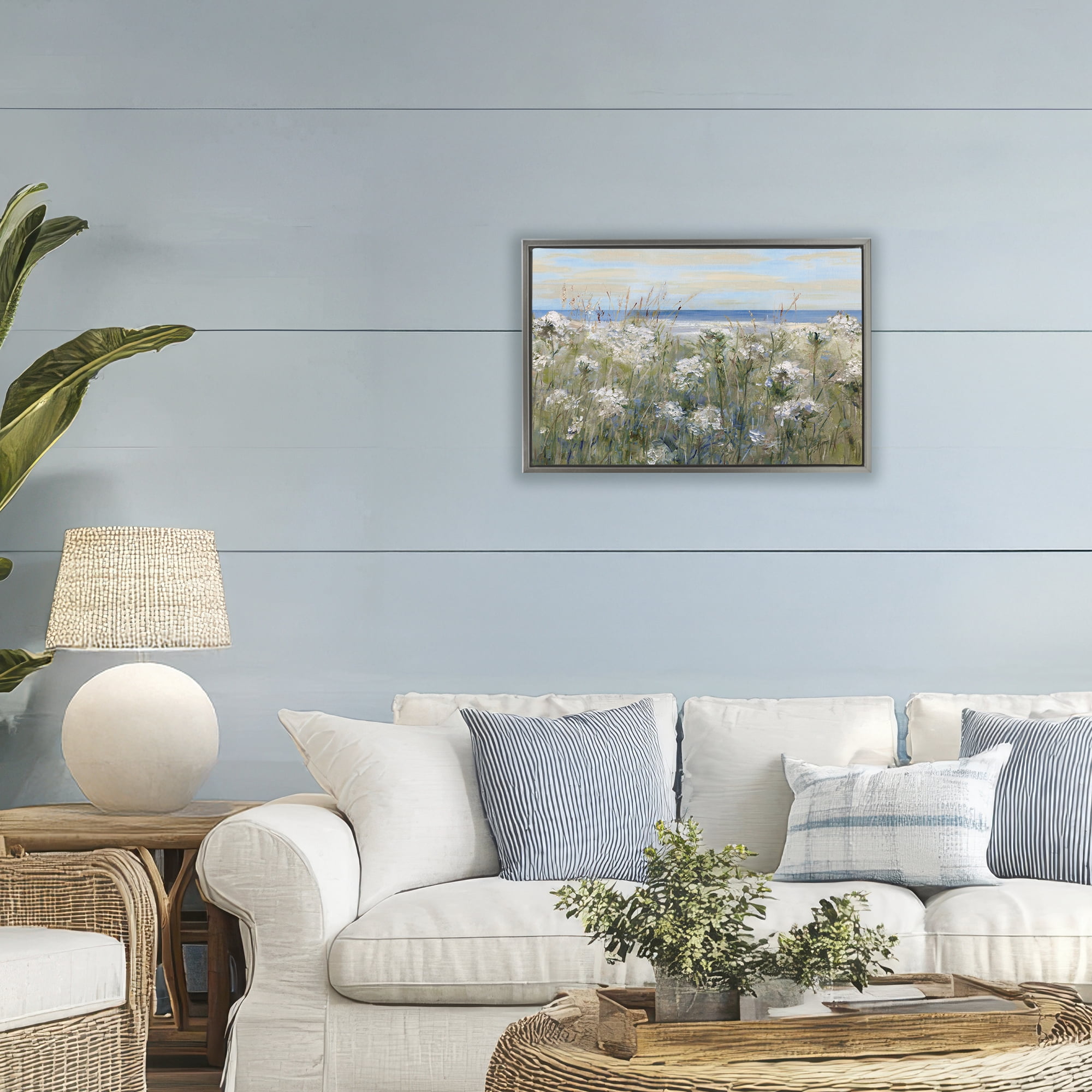 Stupell Industries Impressionist Seaside Meadow Gray Framed Floater Canvas Wall Art, design by Sally Swatland