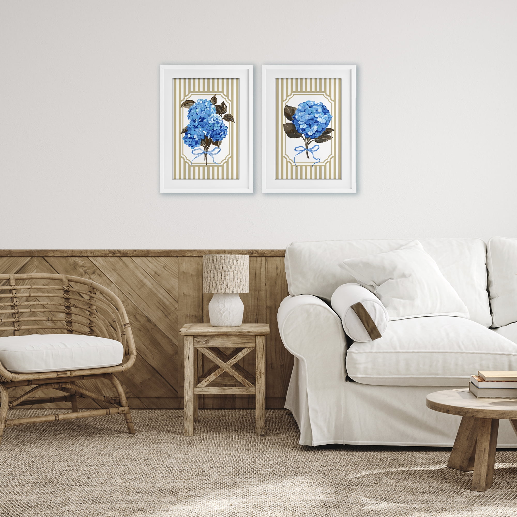 Hydrangea Bouquets with Bows 2 Piece White Framed Print Under Glass Set, design by Adonna Ebrahimi