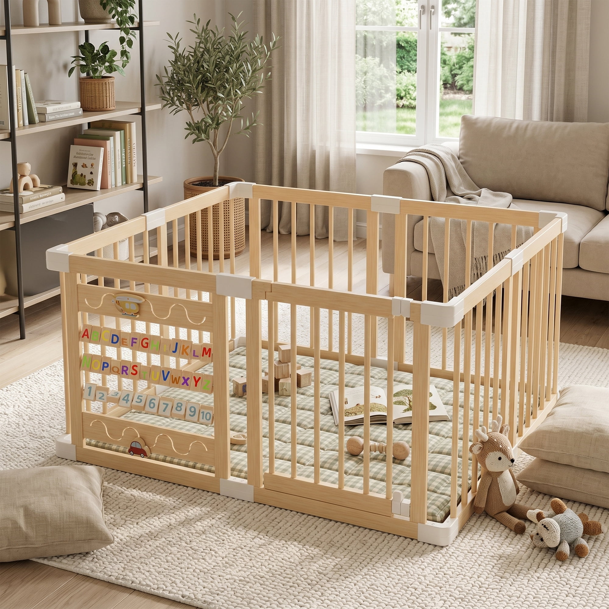 Babyeap Wooden Baby Playpen,Foldable Play Yards for Babies and Toddlers,Large Wood Play Gate with Built-in Toys,Baby Fence Activity Center 47x47x23.6 Inch