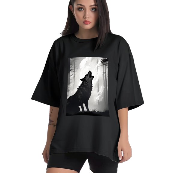 Plus Size Shirt for Women Black Tops for Women Short Sleeves Shirt for Women Wolf T Shirt Crewneck Shirt for Women XL