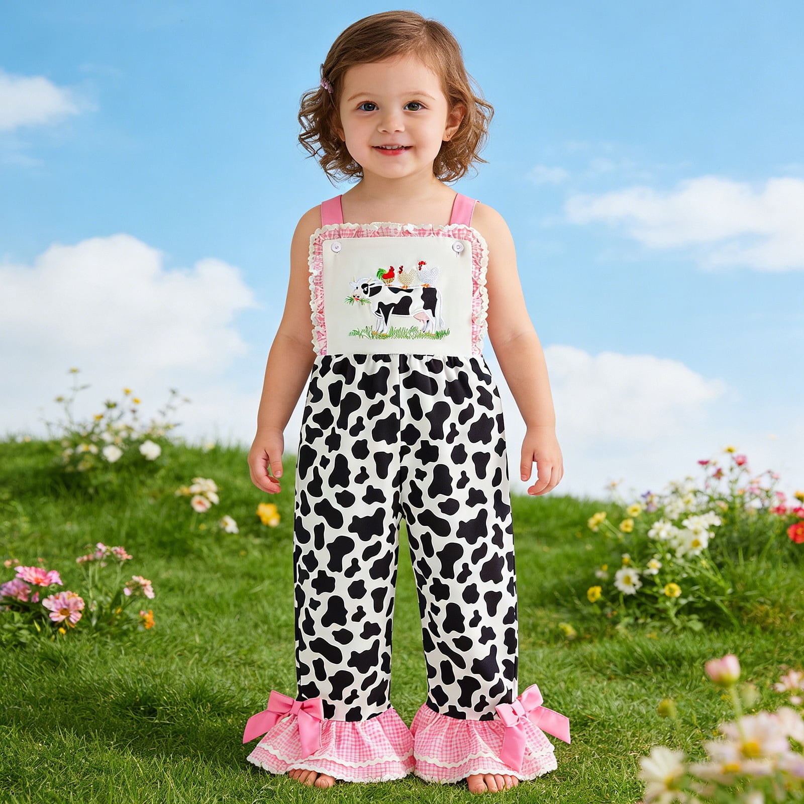 Yuncity Girls Jumpsuit Sleeveless Crew Neck Cow Print Embroider Romper Summer Cute Leisure Daily Wear Kids Onesie Sized 18-24 Months Pink