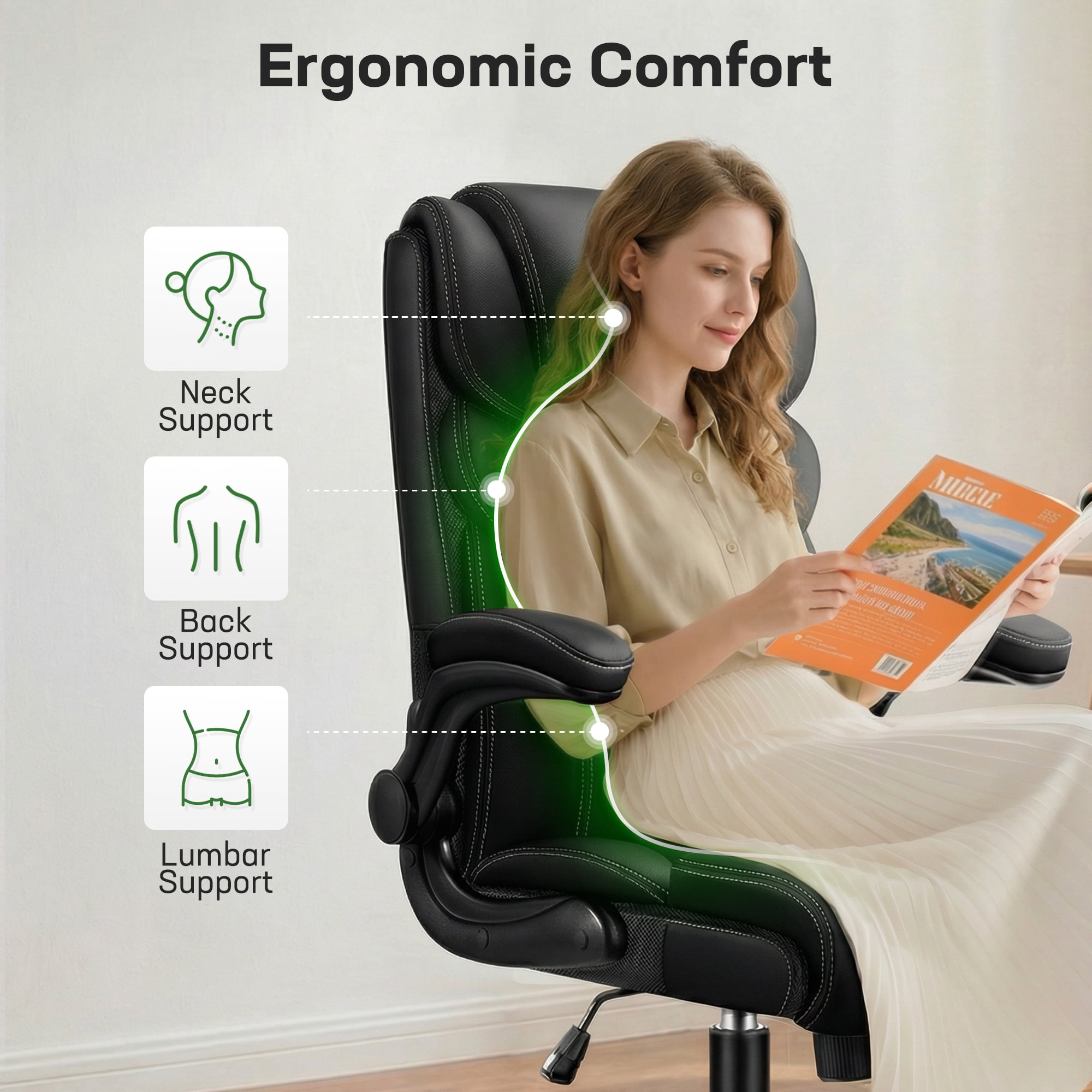 ATHOPE Leather Office Chair, Big and Tall Office Chair with Lumbar Support, High Back Executive Desk Chairs with Flip-up Armrest, Breathable PU Ergonomic Computer Chair, 360°Swivel Free, Black