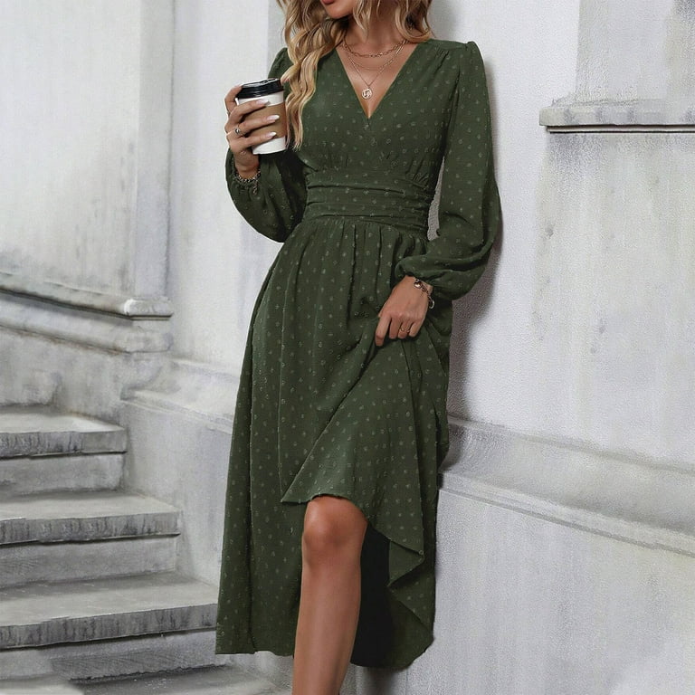 long sleeve olive green dress for wedding Olive Green Pleated Long Sleeve Maxi Dress | Womens | Medium (Available in XXS) | 100% Polyester