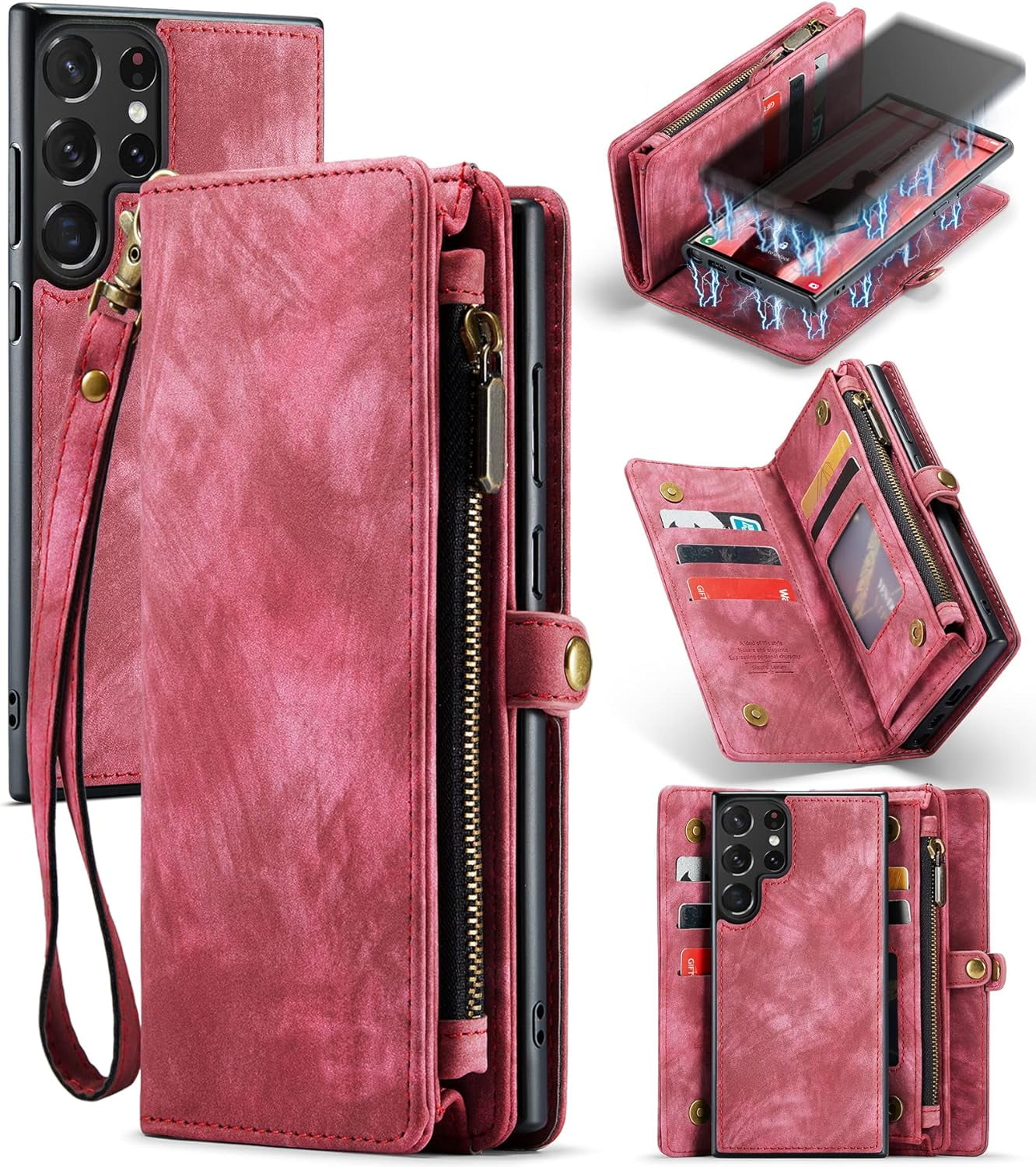 Phone Case for Samsung Galaxy S23 Ultra 5G Zipper Wallet Detachable Cover with Leather Flip Credit Cash Card Holder Mobile Cell Accessories S23Ultra 23S S 23 23Ultra 6.8 inch Women Men Pink