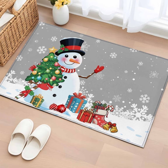 Grey Snowman Christmas Bathroom Rug Washable 2x3 Entryway Rug Non Slip Gifts Xmas Tree Winter Snowflake Front Door Mat Low Pile Indoor Doormat Throw Floor Carpet for Kitchen Bedroom Entrance