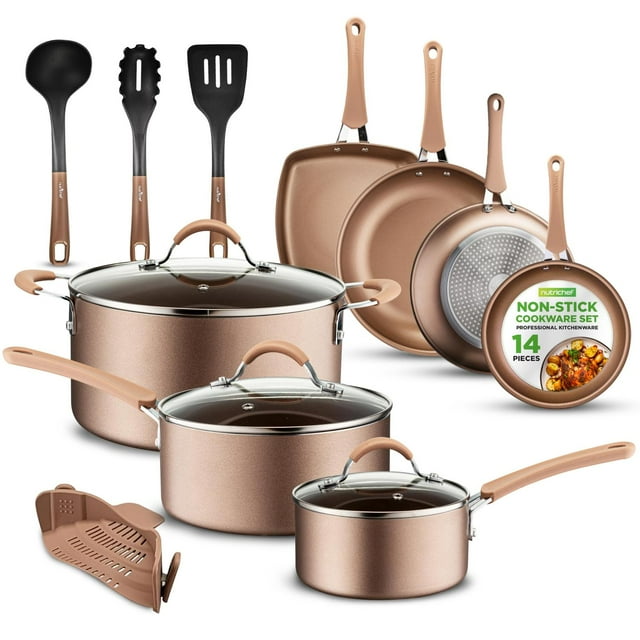 NutriChef - Juego de utensilios de cocina antiadherentes de 14 piezas con cacerola, sartenes, ollas