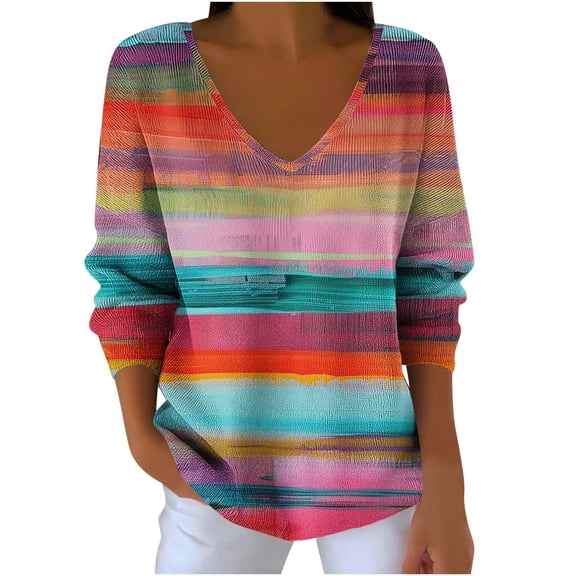 IROINNID Womens V Neck Sweater Long Sleeve Pullover Colorful Print Casual Fashion Top for Home Daily Wear Lightweight Comfortable Soft Cozy Loose Fit Tunic Shirt(Multicolor,XXL)
