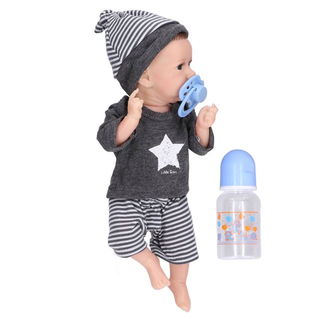 muñeca reborn jadeshay muñeca bebé realista de silicona 12 pulgadas multicolor con gorro y conjunto a rayas: vista frontal de cuerpo entero, muñeca tipo recién nacido con brazos y piernas móviles, pestañas, labios rosados y dedos pintados a mano; incluye biberón azul; adecuada para juego imaginativo y práctica de crianza para mayores de 3 años.