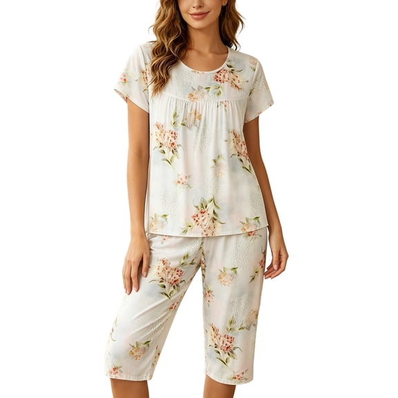 HCYSFG Womens Floral Pajama Sets 2 Piece Crewneck Short Sleeve Capri Pants Pullover Top Loungewear Loose Fit Sleepwear