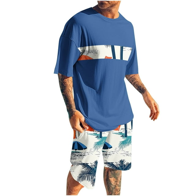 Mangas de Mano para Hombres, Impresión Hawaiana Suelta Casual, Pantalones Cortos Deportivos de Cintura Elástica Y Set de Blusa