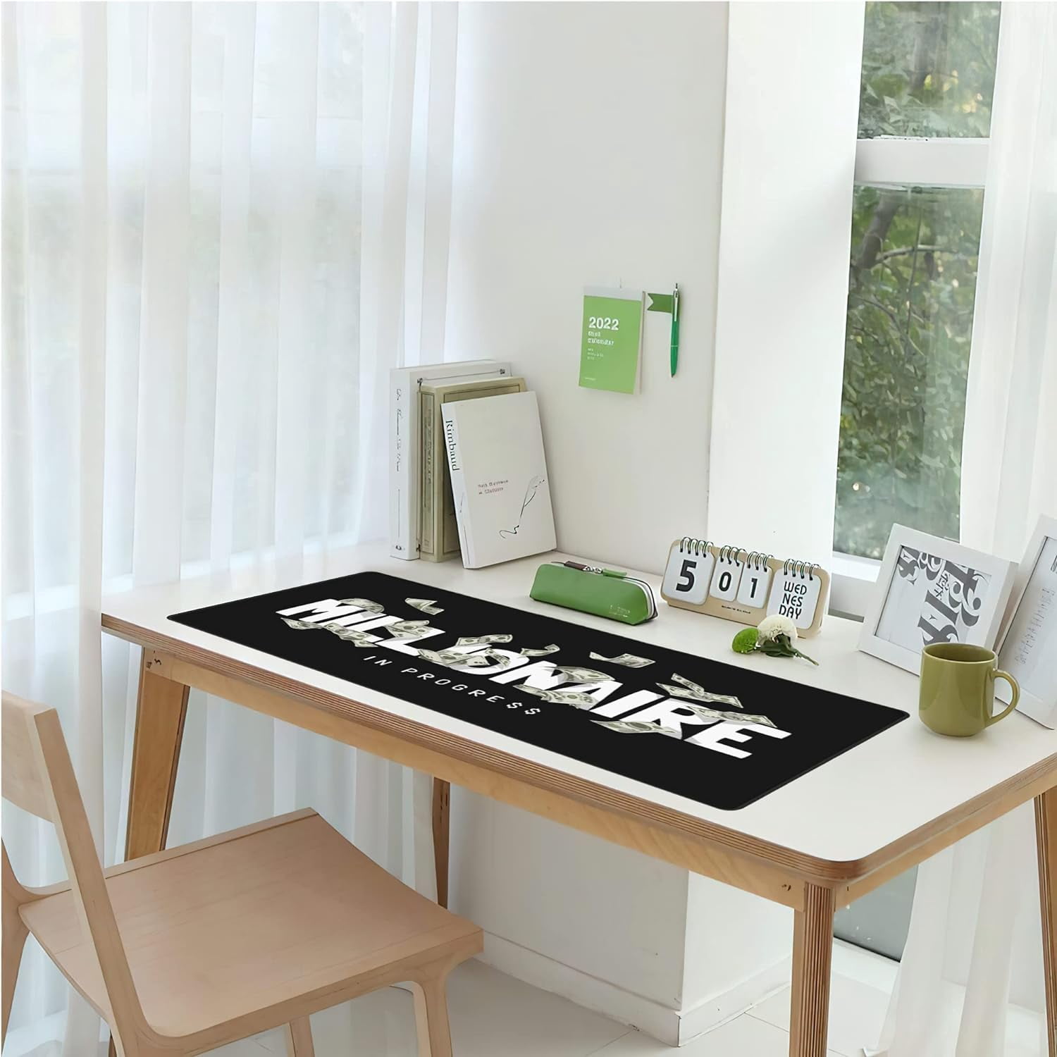 Gaming Mouse Pad,Desk Mat Extended Large Millionaire Slogan with Flying Banknote Mouse Pad Mat with Non-Slip Base Stitched Edges Mousepad for Computer,Office,Keyboard 31.5''×15.7''