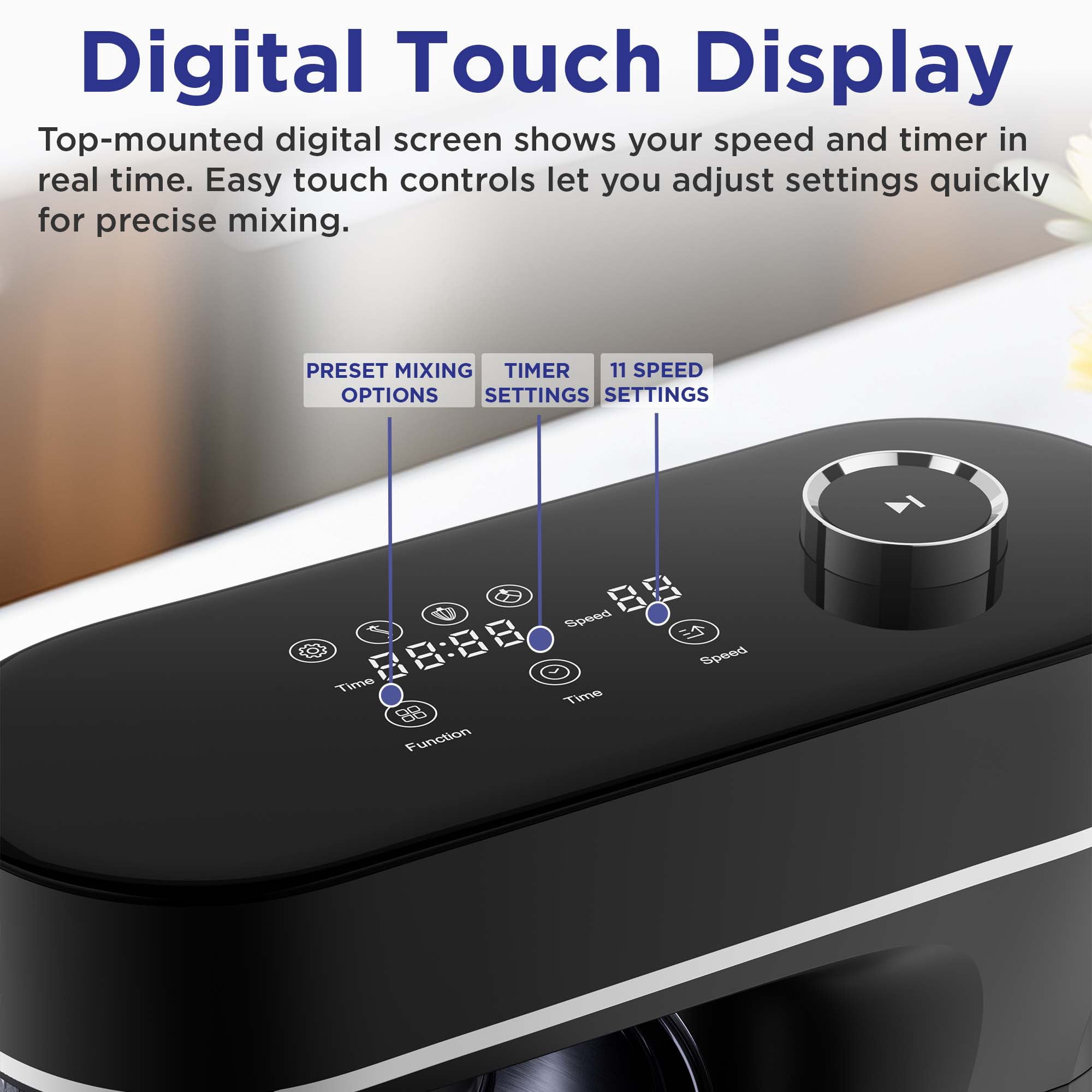 Magnavox 6.0L Digital Touch Screen Stand Mixer with Stainless Steel Bowl, 11-Speed, Tilt-Head, Planetary Mixing, 660W Motor, Dough Hook, Beater, Whisk, Bowl Cover, Black