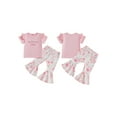 thumbnail image 2 of Kids Toddler Girl Summer Outfits 12 18 24 Months 2T 3T 4T 5T Letter Embroidery Ruffles Short Sleeves T-Shirt and Elastic Bow Flare Pants Cute Clothes, 2 of 9