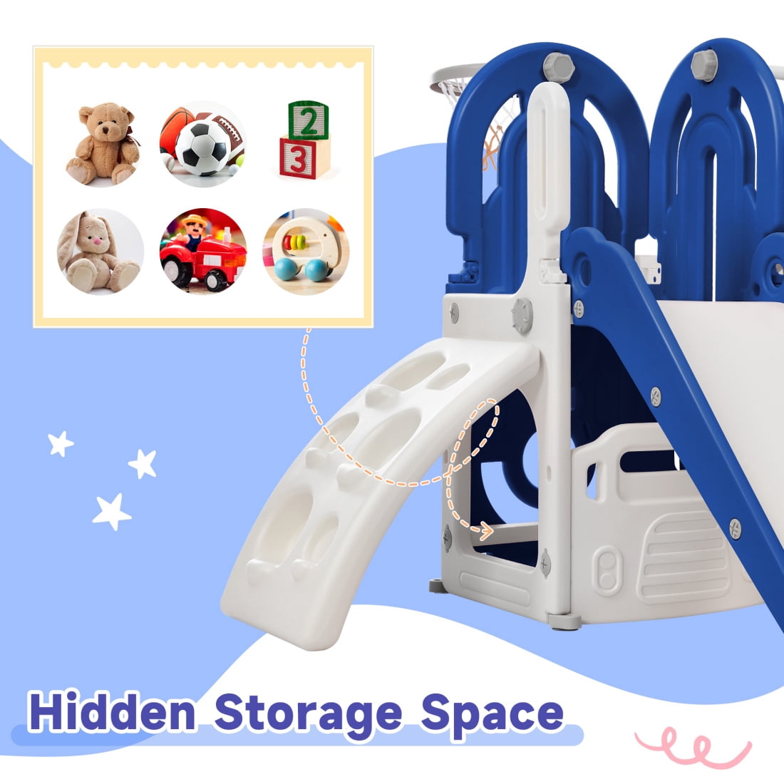 JAMPOOCA 5-in-1 Kid Slide Playset, Swing Set with Climbing Ramp & Basketball Hoop, Blue