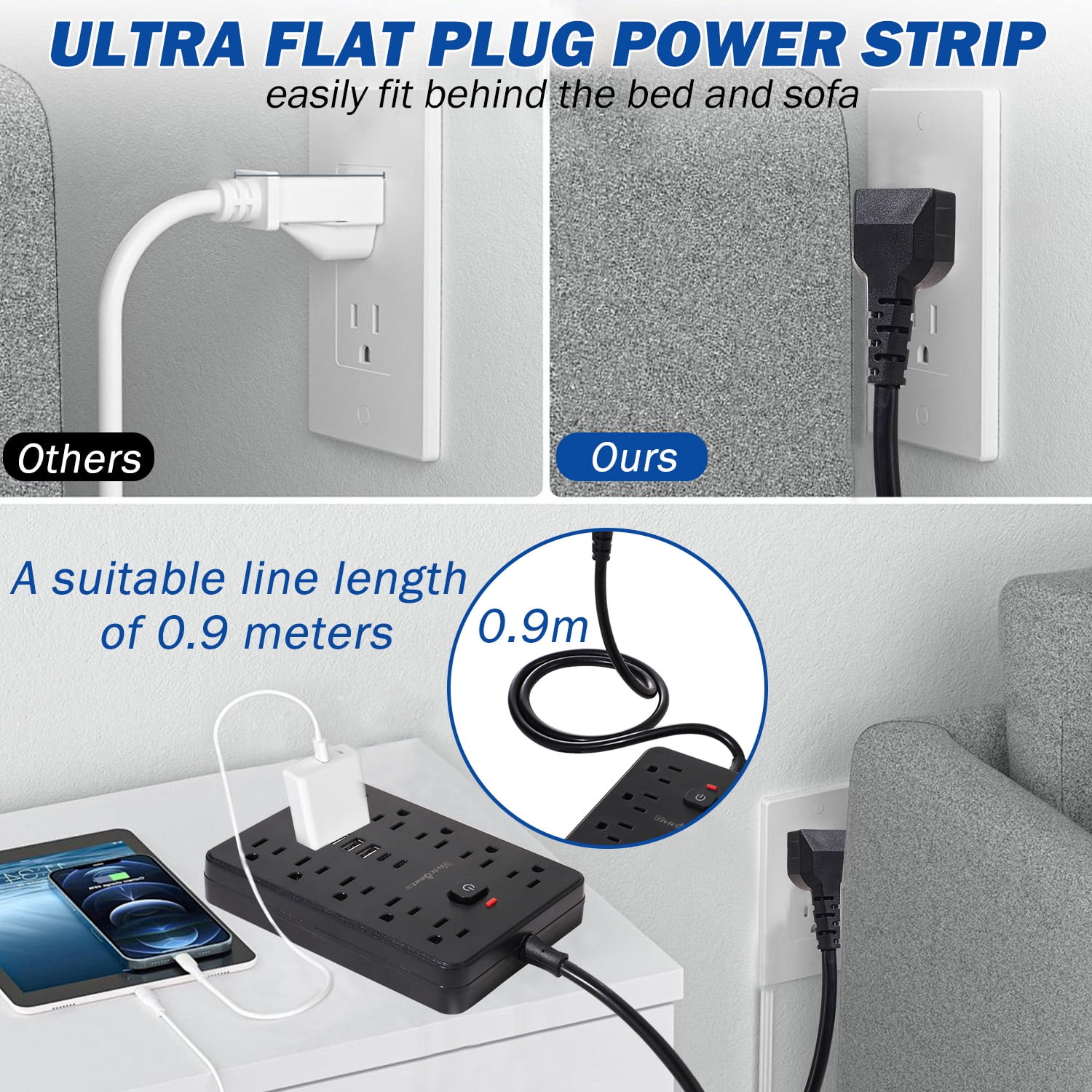 Vivicreate 15-in-1 Power Strip Surge Protector with 10 AC Outlets, 4 USB-A and 2 USB-C Ports, Ultra Flat Plug 3 ft Extension Cord, Wall Mount Charging Station for Home Office Dorm