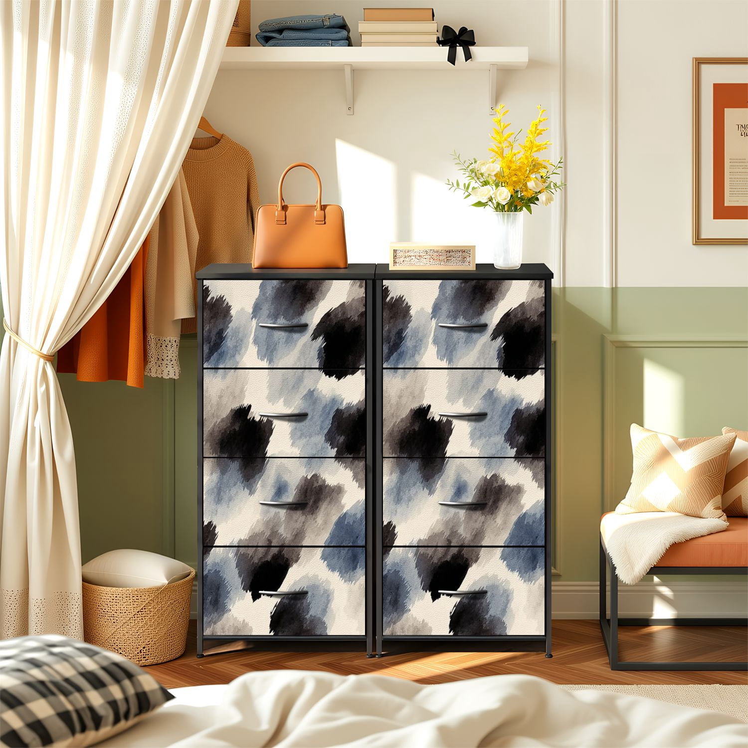 4 Drawer Vertical Storage Dresser Cute black brush strokes cream watercolor color brush with Wood Top Fabric Pull Drawers