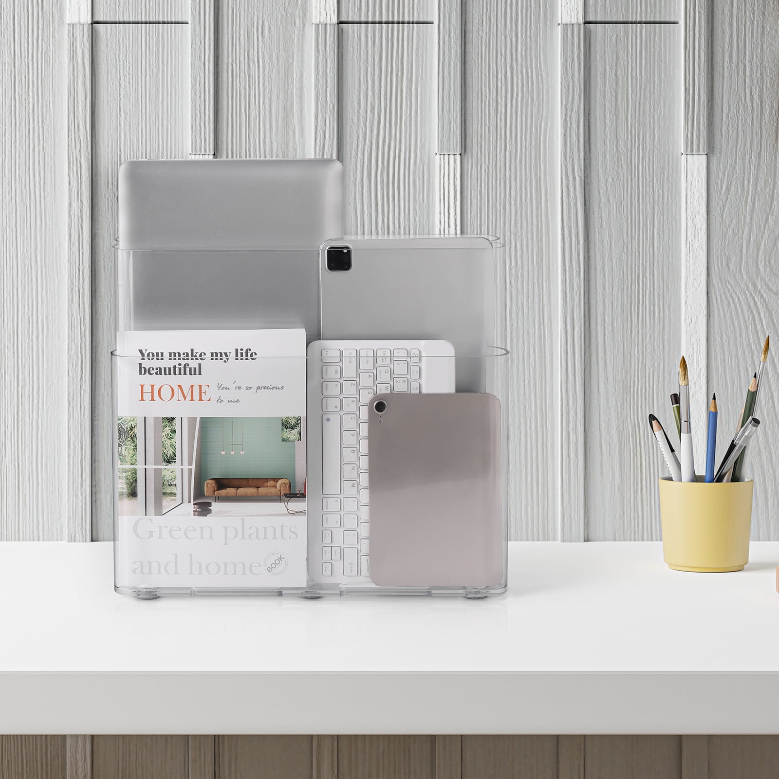 Freestanding Four Pocket Plastic Magazine Rack File Holder, Clear