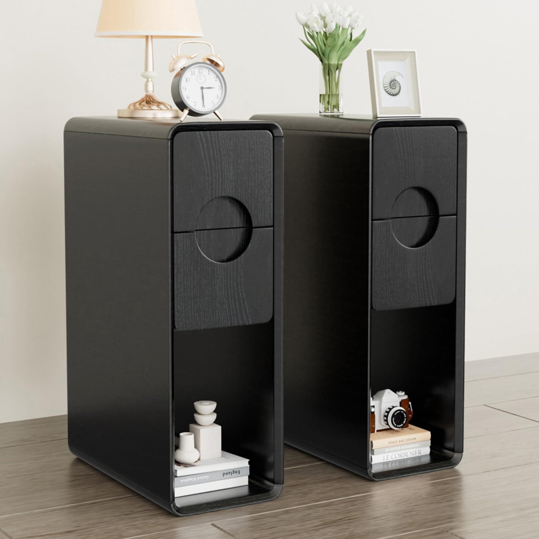 Narrow Nightstand Set of 2, Mid Century Walnut Wood Slim Bedside Table with Round Drawer, Black