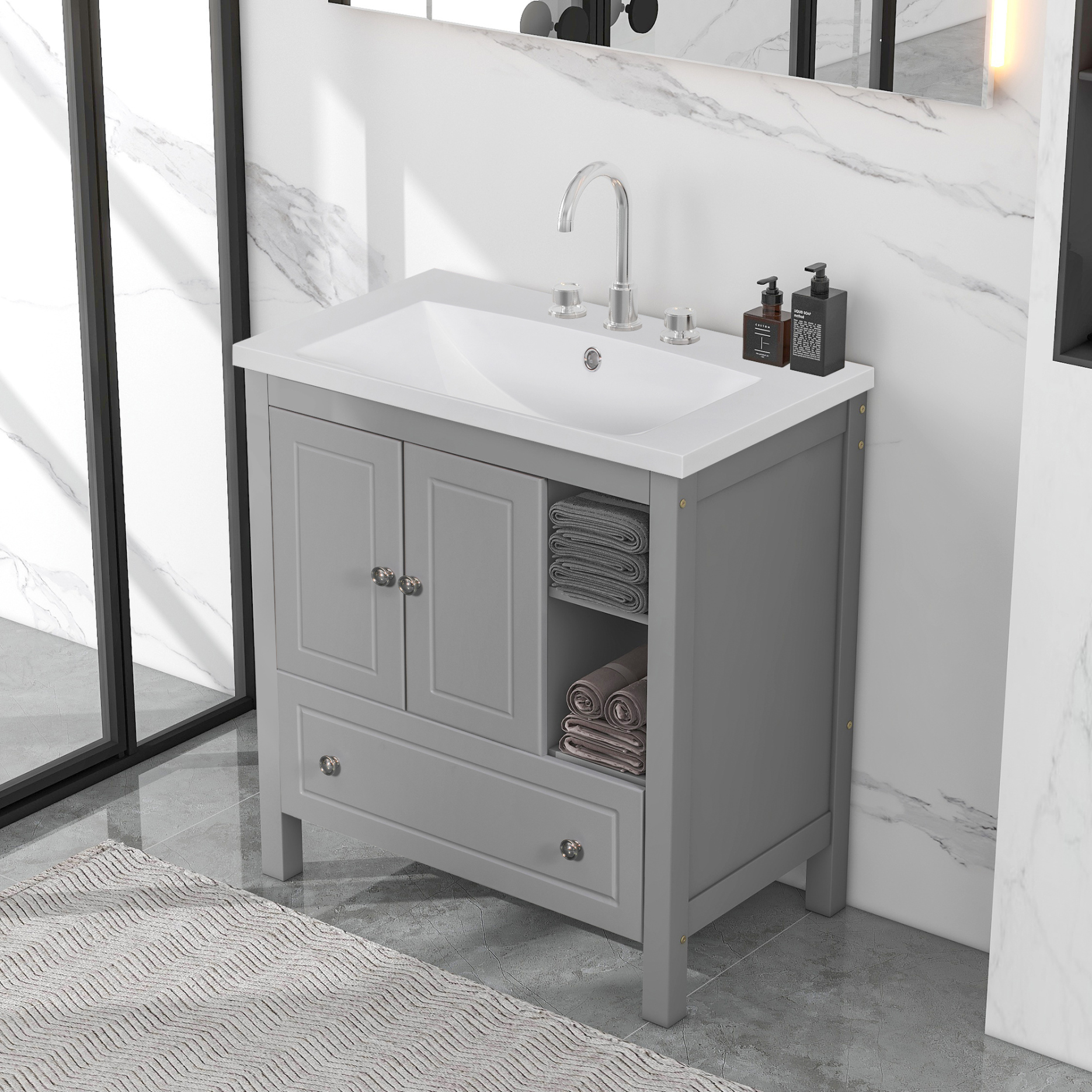 Linique 30 Bathroom Vanity with Sink Combo Set, Solid Wood Frame Bathroom  Storage Cabinet with Soft Closing Door and 2 Drawers, Grey