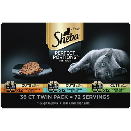 (36 Pack) Sheba Perfect Portions Wet Cat Food Cuts in Gravy, Roasted Chicken Entree, Signature Tuna Entree, Tender Turkey Entree Variety Pack, 2.6 oz. Twin-Pack (Best Food For My Cat)