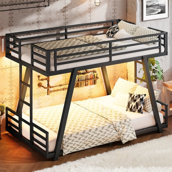 GARITIN Twin XL over Twin XL Bunk Bed, Metal Bunk Bed with 2 Side Ladders, Support Leg Design & LED Light, Low Profile Bunk Bed for Bedroom Guest Room Dorm, Black