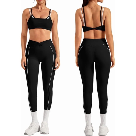 PISONIC Workout Workout Sets Color Block Twist Back Layered Sports Bra Twist Waist Leggings Gym Yoga Outfits