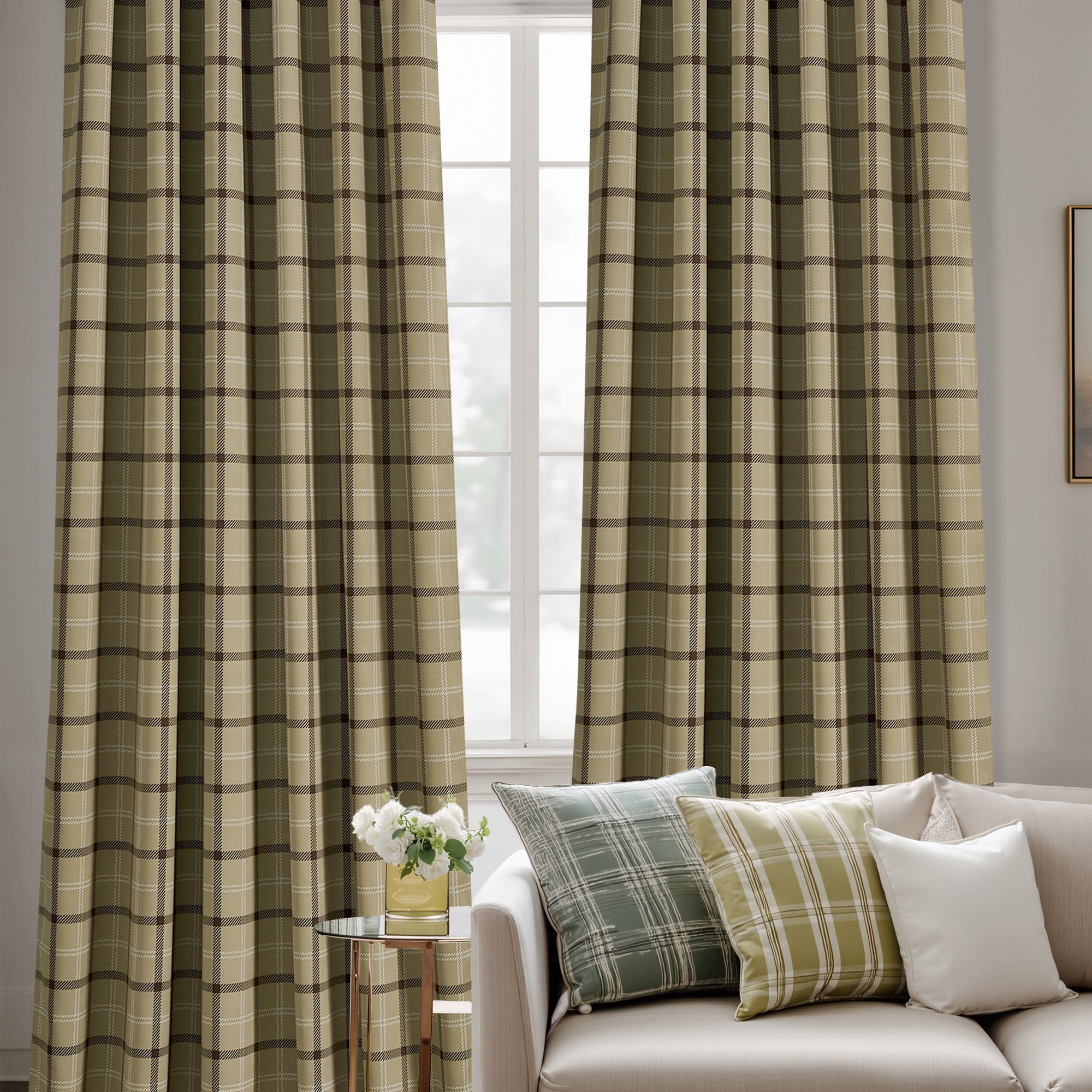 NICETOWN 100% Blackout Rustic Grid Pattern Linen Room Darkening Plaid Farmhouse Grommet Noise Reducing Window Curtains for Living Room, 2 Panels, Linen, W52 x L96