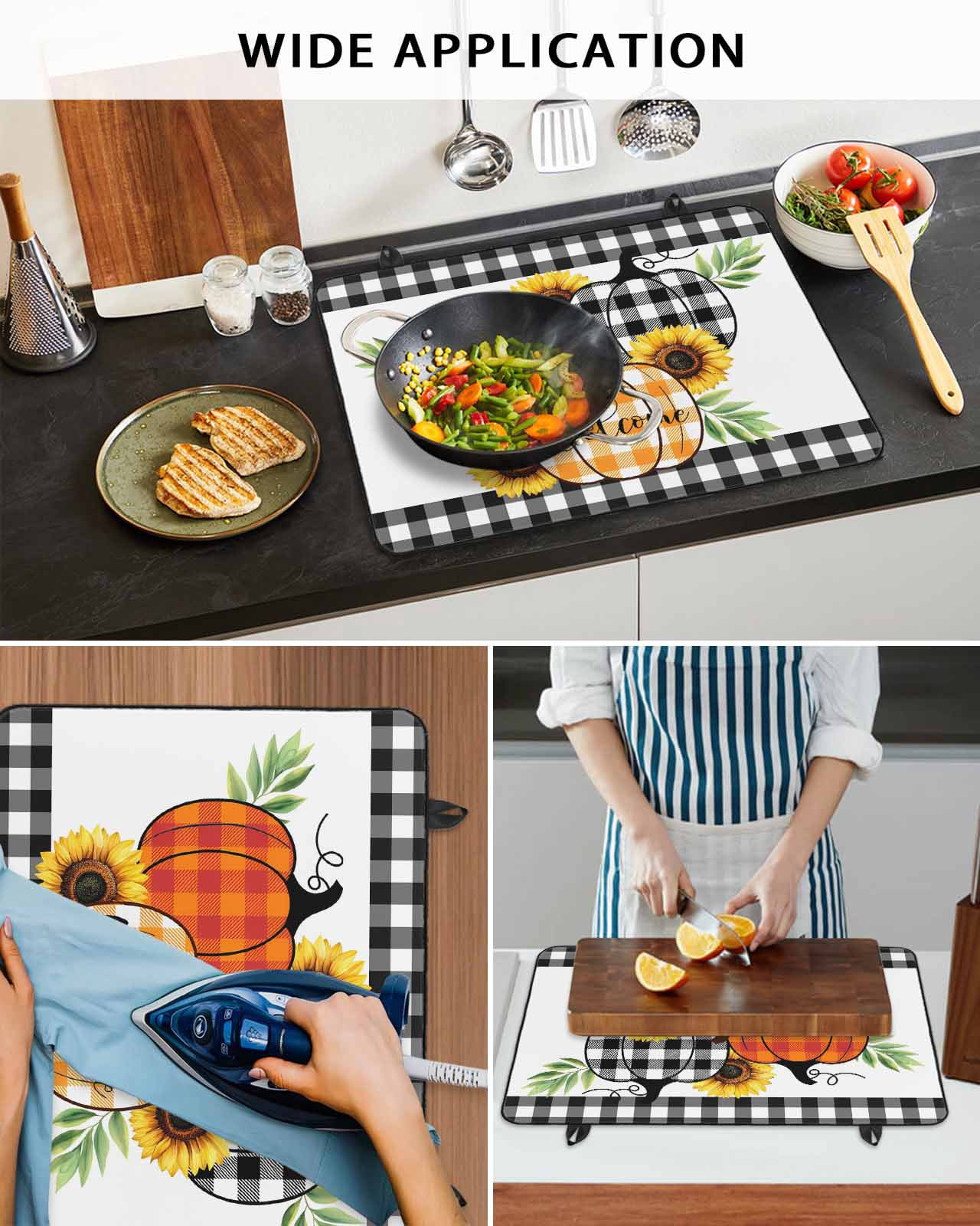 Large Induction Cooktop Protector Mat Thanksgiving Stove Top Covers for Electric Stove, Fall Orange Black Plaid Pumpkin Sunflower Decorative Stove Burner Cover Mats, Glass Top Stove Cover