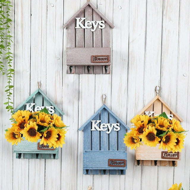 Wooden Flower Pot Storage Rack Wall Mounted Wooden Key Holder with Flower Pot 5 Hooks for Entryway Key Storage and Small Space Organization(Blue,1Pcs) Rkxzt