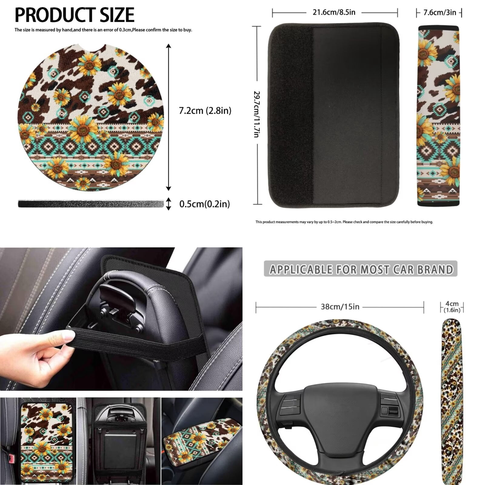 LedBack Aztec Sunflower Car Seat Covers Full Set Breathable Car Accessories Set Cow Print Steering Wheel Cover Armrest Pads Seat Belt Cover Coaster Keychain, Set of 12, Brown
