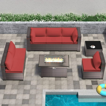 Kullavik 8 Pieces Outdoor Furniture Set with 43 Gas Propane Fire Pit Table PE Wicker Rattan Sectional Sofa Patio Conversation Sets Red