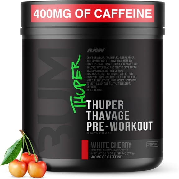 RAW Thuper Thavage Pre Workout Powder - High-Stim Preworkout with Creatine, Beta Alanine, L-Citrulline & Caffeine - Chris Bumstead Gym & Fitness Supplement for Men & Women - White Cherry