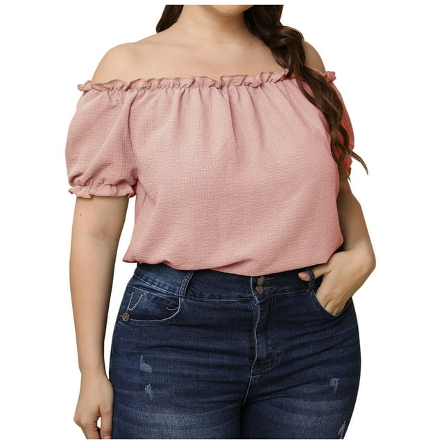 Tops Para Mujer Blusa Casual Elegante Camisas de Talla Grande Fuera Del Hombro Camisa de Cuello Recto de Manga Corta de Color Sólido Grande Odeerbi ODB166731